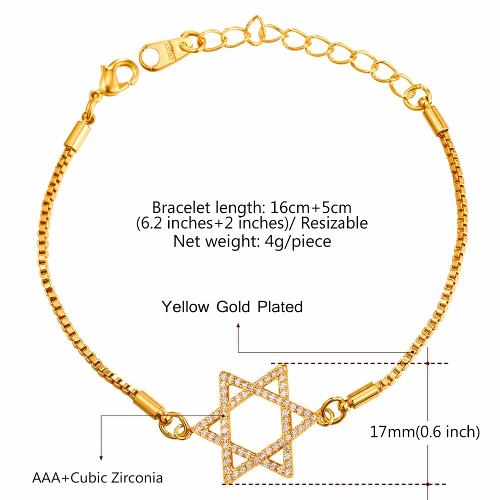 Звёздный лорд Звезда Давида браслет для Для женщин ювелирные изделия из золота Цвет кубического циркония израильские, еврейские ручная цепная ссылку H2310