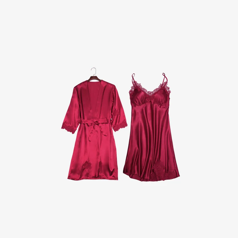 Новинка, женское атласное шелковое Ночное платье, халат, ночная рубашка, наборы, сексуальное нижнее белье кимоно, одежда для сна, халат для женщин, домашний Ночной костюм - Цвет: red-2