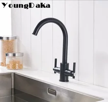 Новинка Латунь черная отделка кухонный кран/Винтажные двойная ручка Дизайн горячей и холодной умывальник поворотный раковина смеситель