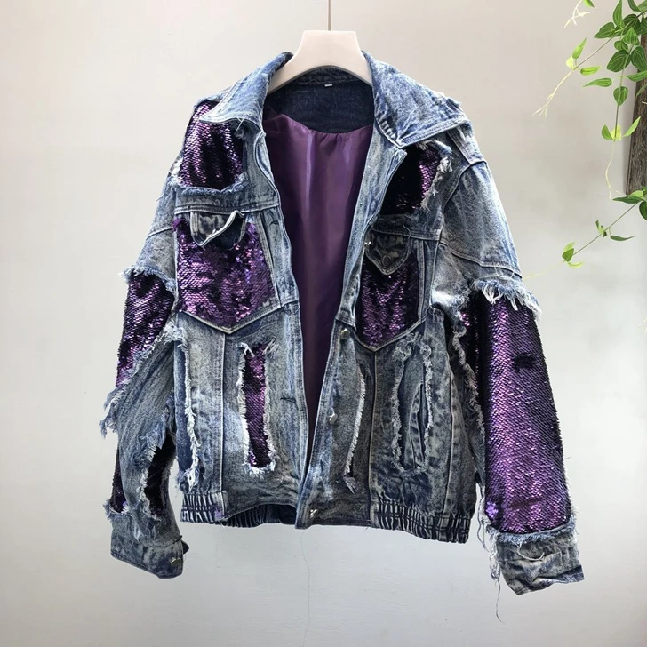 

2019 Autumn Women Jacket Coat Turn Down Collar Punk Style Sequins Beading Women Tops Denim Coat Chaqueta Mujer Outwear Casaco