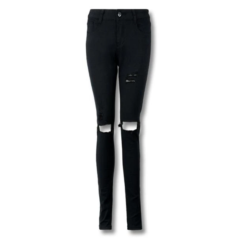 CHAMSGEND, женские рваные джинсы, женские крутые рваные джинсы до колена, обтягивающие длинные джинсы, узкие брюки, хлопковые брюки Oc15 - Цвет: Черный