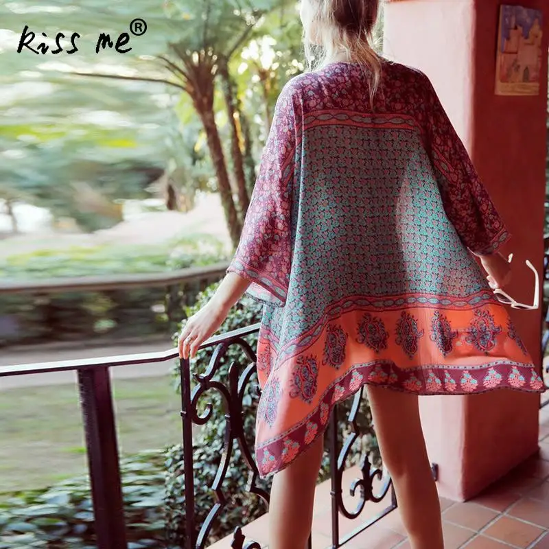 Beachwear Cover Ups Loose Print Chiffon Female Cardigan Rose Red Beach