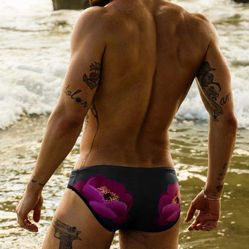 Плавательные мужские трусы с цветочным принтом, дышащие эластичные хлопковые пляжные плавки, одежда для плавания, купальный костюм