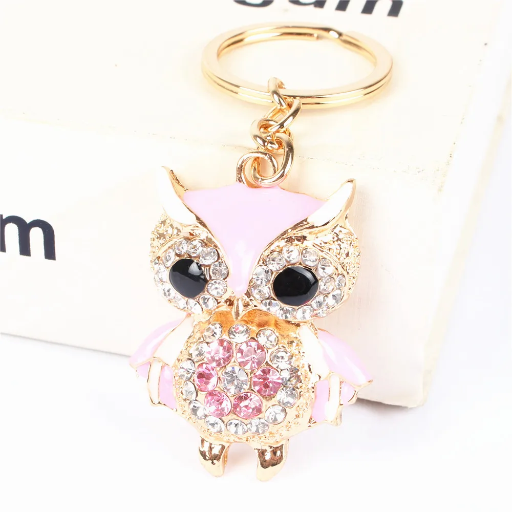 Pink Owl Bird Charm Pendant Rhinestone Crystal Key Ring Chain Gift Accesories