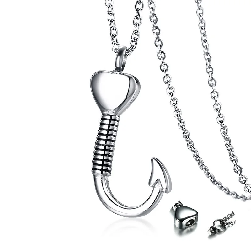 Fishing Hook Cremation Pendant Necklace for Men Stainless Steel Ashes