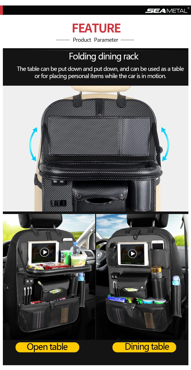 Сумка на заднее сиденье, органайзер для автомобиля, 4 USB, углеродное волокно, из искусственной кожи, сетка для хранения, для путешествий, для укладки, универсальные автомобильные аксессуары для интерьера