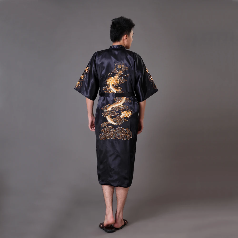Black Chinese Men's Embroidery Dragon Robe Nightgown Hot Sale Satin