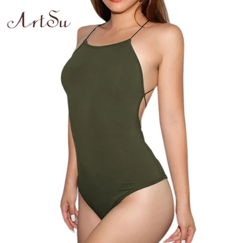 

ArtSu Women Sexy Bodysuit Black Strap Backless Lace up Cross Clubwear Bodysuits Bodycon Female Catsuit Body Romper ASJU41027