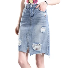 Мода талии рваный джинсовая юбка для женщин досуг шоу тонкий свободные юбка с бахромой нерегулярные средней длины летняя