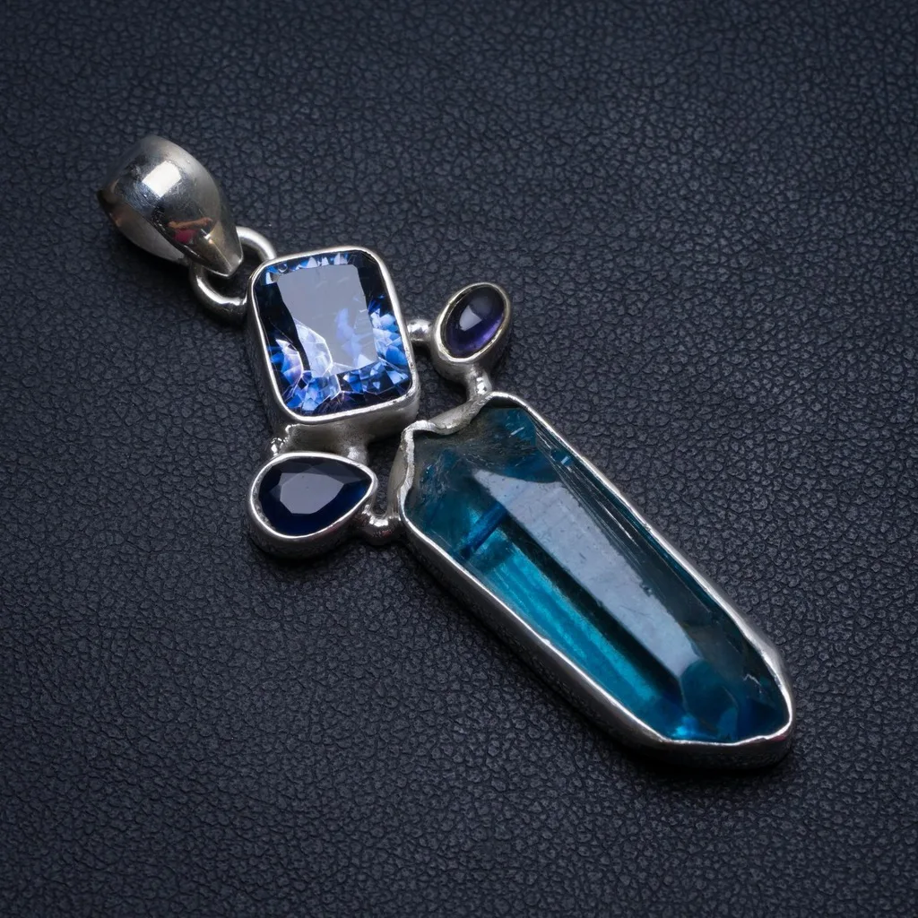 

Natural Dyed Crystal,Mystical Topaz,Iolite and Amethyst 925 Sterling Silver Pendant 2" T2520