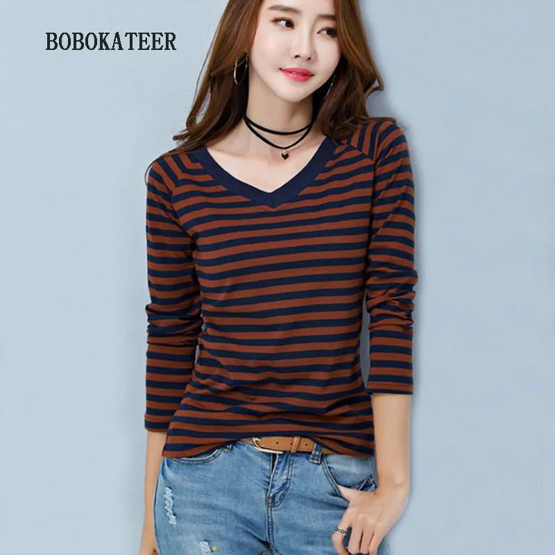 

BOBOKATEER long sleeve cotton t-shirts women tops v-neck striped plus size t shirts women 2019 summer casual top women t shirt