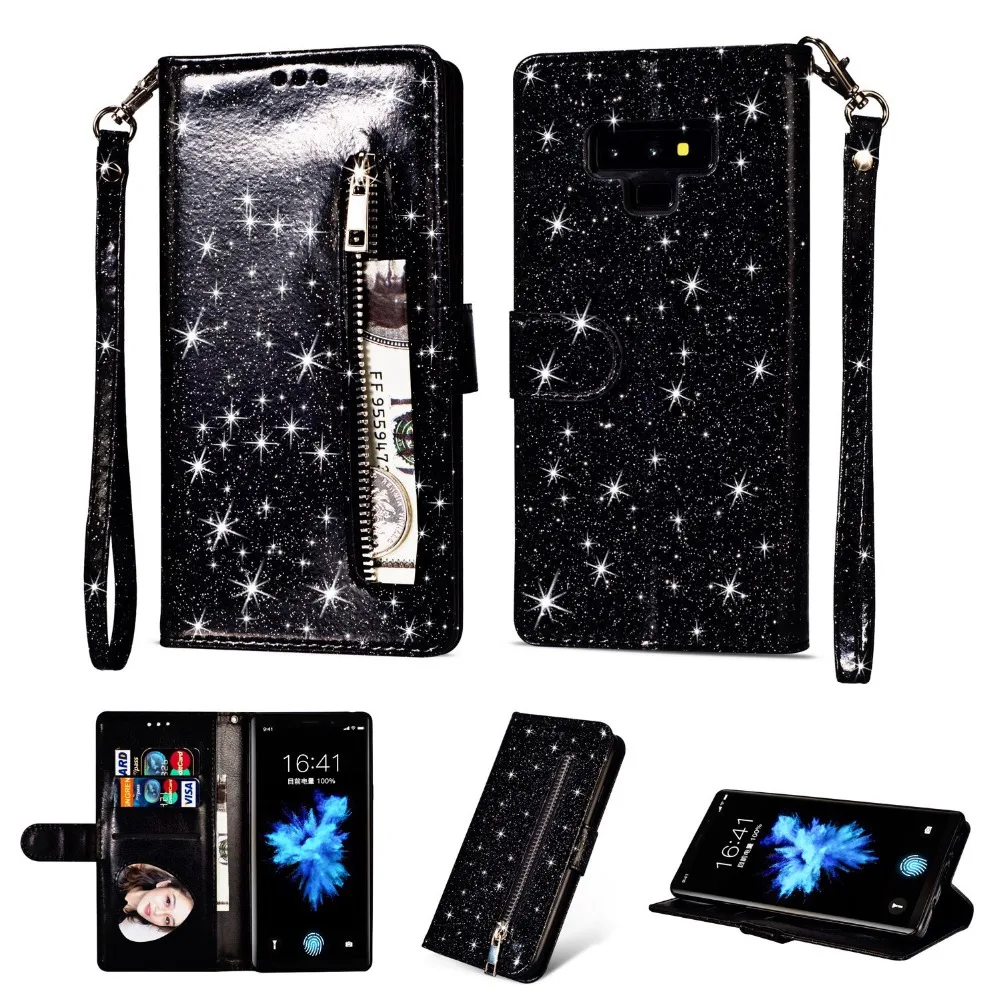 Glitter Zipper Phone Cases For Samsung Galaxy note 9 8 S9 S8 plus s7 S6 edge A5 J3 J7 2017 J3 J4 J6 J7 A6 PLUS 2018 Leather Case