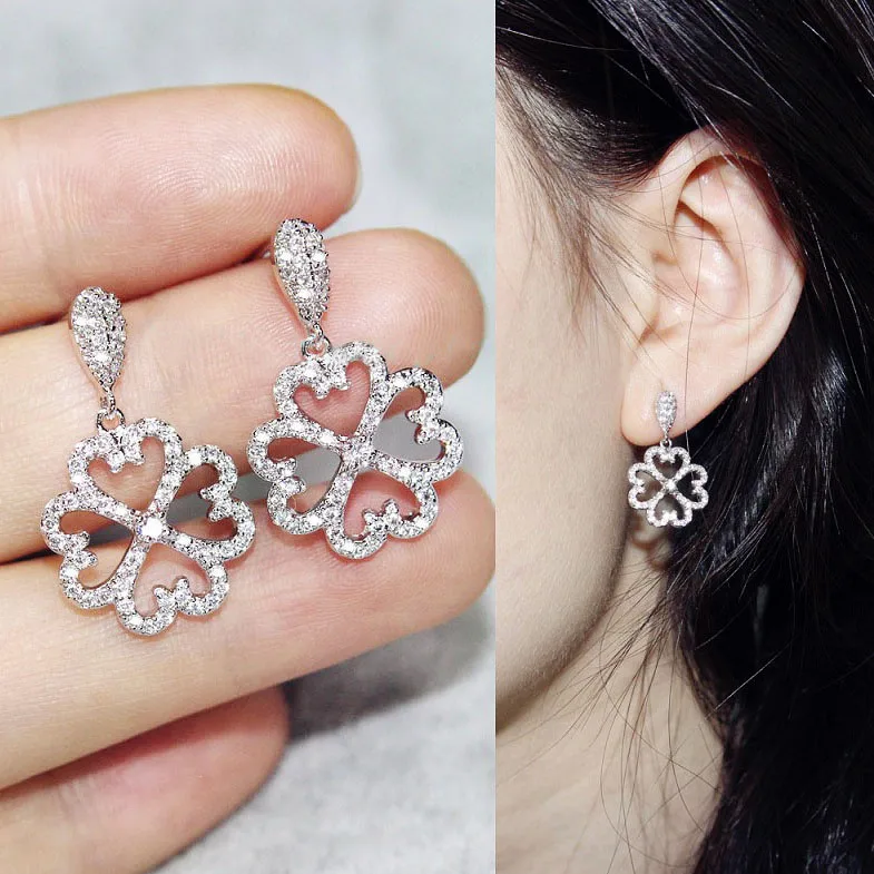 

Fashion Four Leaf Heart Drop Earrings Tiny Cubic Zirconia Pave Setting Dangle Earrings Women Jewelry Birthday Gift