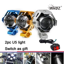 (2pcs) Black Silver Blue Golden 125w U5 3000lm LED transformer Motorcycle Headlight fog Light +1pc switch U5 spot light set