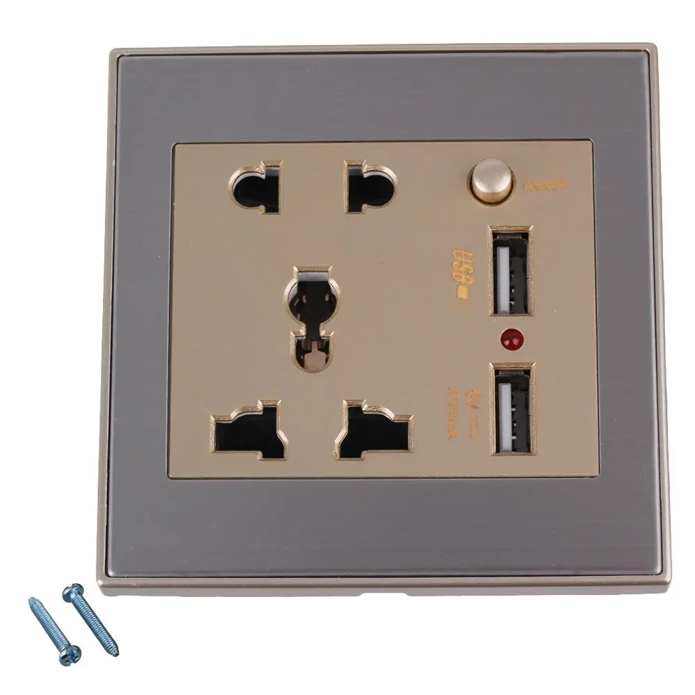 Brushed Aluminum Color AC110 250V 2USB Port Wall Socket Charger