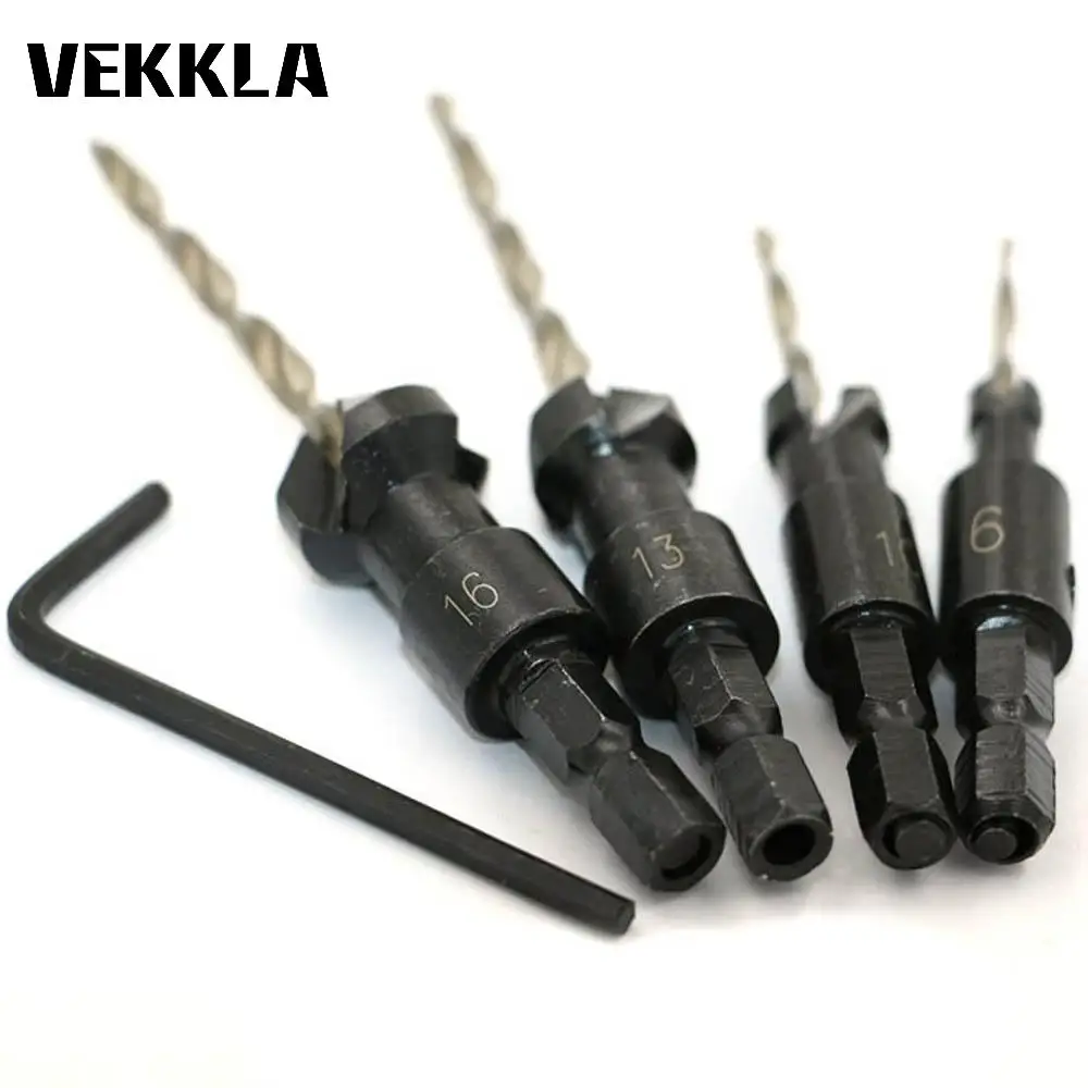 New Adjustable 4PCS Countersink Drill Bit Set Woodworking Hex Shank 6