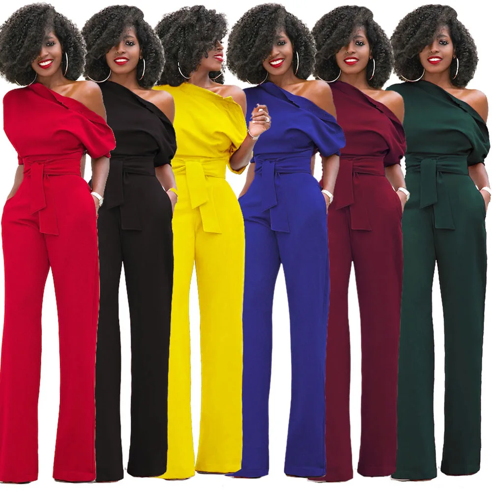 

Fashion Autumn Women Sexy Jumpsuit Half Sleeves Off One Shoulder High Waist Ladies Casual Wide Leg Pants Romper FS99