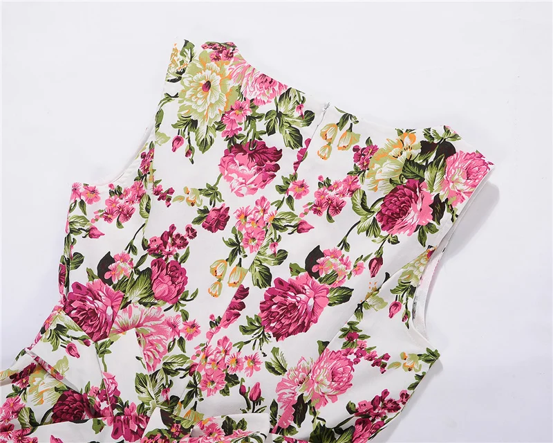 Kostlish Print Summer Dress Women 2017 Sleeveless Big Swing Belt Tunic Vintage Dress Elegant Rockabilly Party Dresses Sundress (105)