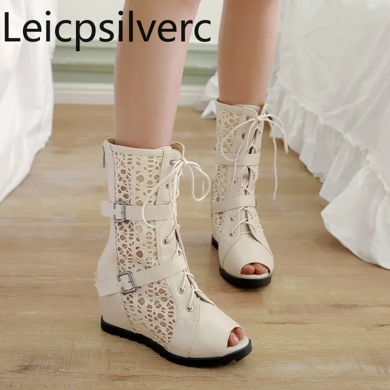 

Women's Boots summer Mesh Fish mouth Open toe Lace-up flat Height Increasing Women's Middle tube Cool boots plus size 34-43