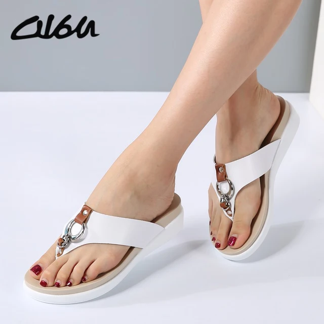 O16U Sandals Women wedge Shoes Slip on Leather platform sandals Ladies heel slides female Slipper sandals summer shoes 2018