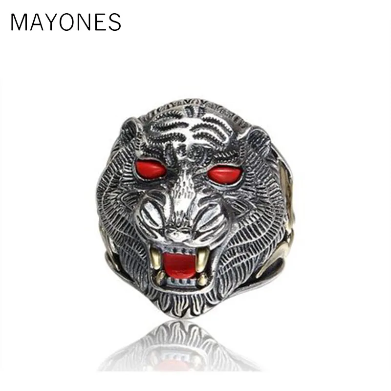 Best Tiger Ring 100% Real 925 sterling silver Jewelry Animal King Inlaid Stones Adjustable Ring Men Natural stone Jewelry 2019