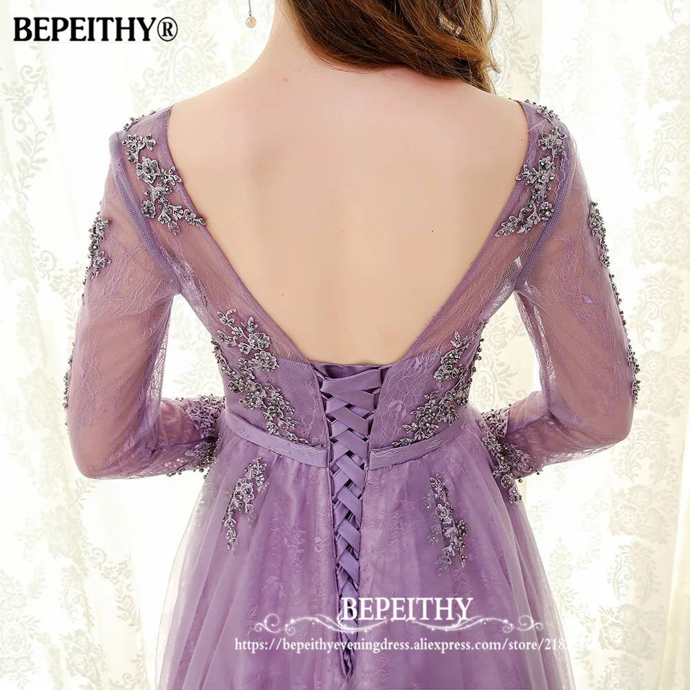 BEPEITHY фиолетовое длинное вечернее платье с длинными рукавами vestido de festa кружевное винтажное элегантное выпускное платье с v-образным вырезом