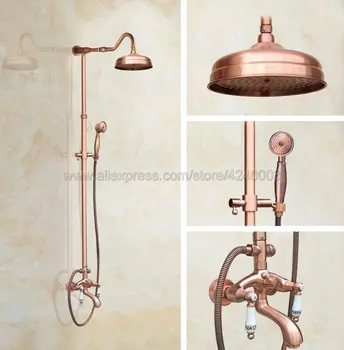 

Antique Red Copper Antique Red Copper Shower Faucet Tub Mixer Tap With Hand Shower 8" Rainfall Head Krg632