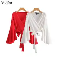 Vadim vrouwen vlinderdas kruis v-hals crop tops sjerpen flare mouw korte wrap blouse shirt casual rood wit tops blusas LA967