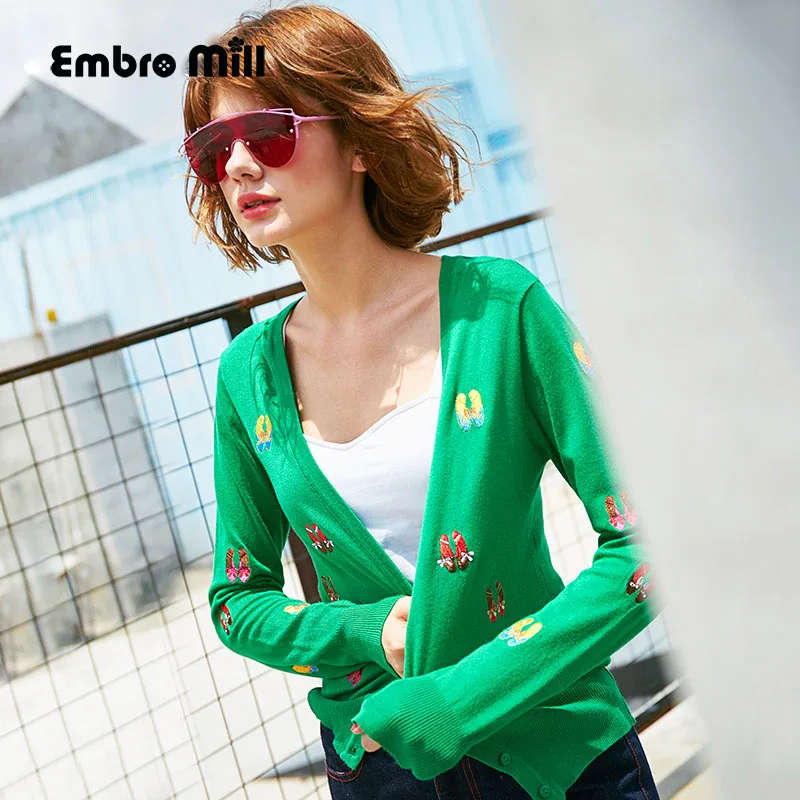 Best Price Women Cardigans Open Stitch Knit V-neck christmas Sweater Cardigans tricot embroidery green slim Jacket Coat female S-XL
