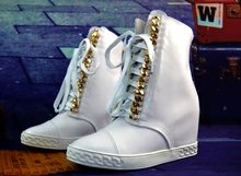 

Akamatsu Genuine Leather High Wedge Heels Ankle Boots Platform Hidden Heel High Top Sneakers Metal Chain Suede Lace Up Shoes