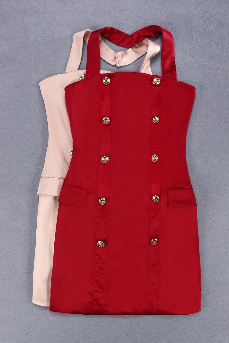 Сексуальное платье на бретельках женское модное красное мини-платье с пуговицами цвета шампанского летнее Облегающее фигуру платье