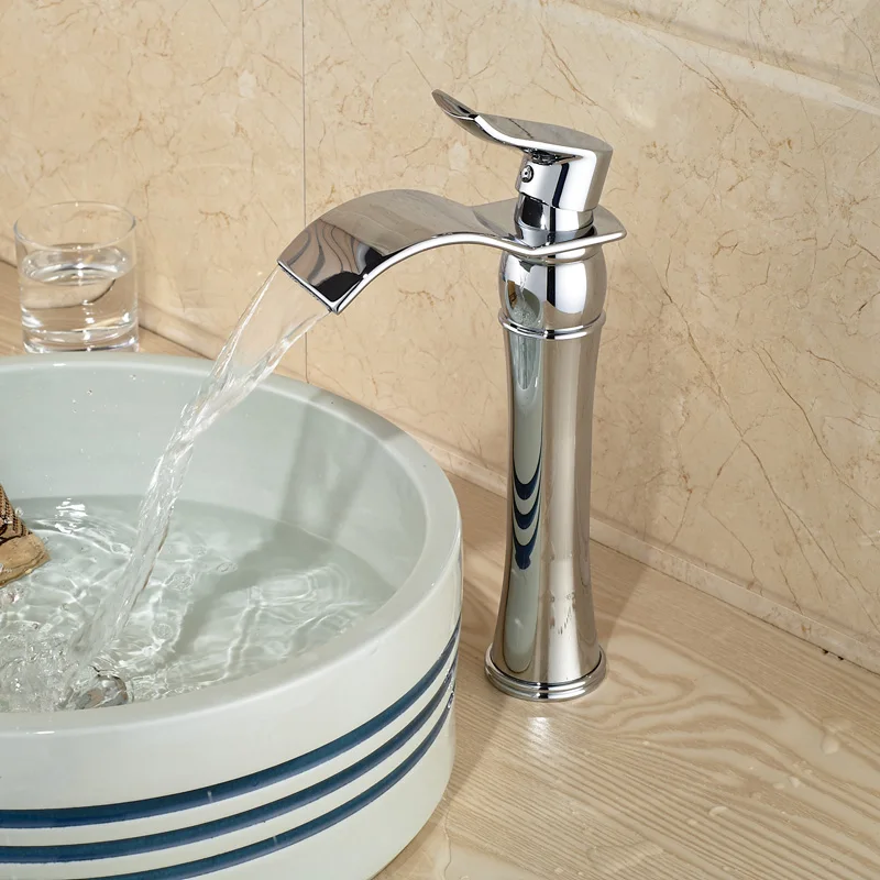 Bright Chrome Deck Mount Brass Waterfall Basin Sink Faucet Bathroom Countertop Sink Mixer Tap