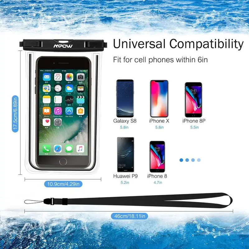 Mpow Universal Waterproof Phone Pouch Case IPX8 Cellphone Bag with Wrist Strap for iPhone X XS 8 8S 7 6 6inch Phone Diving bag   (9)
