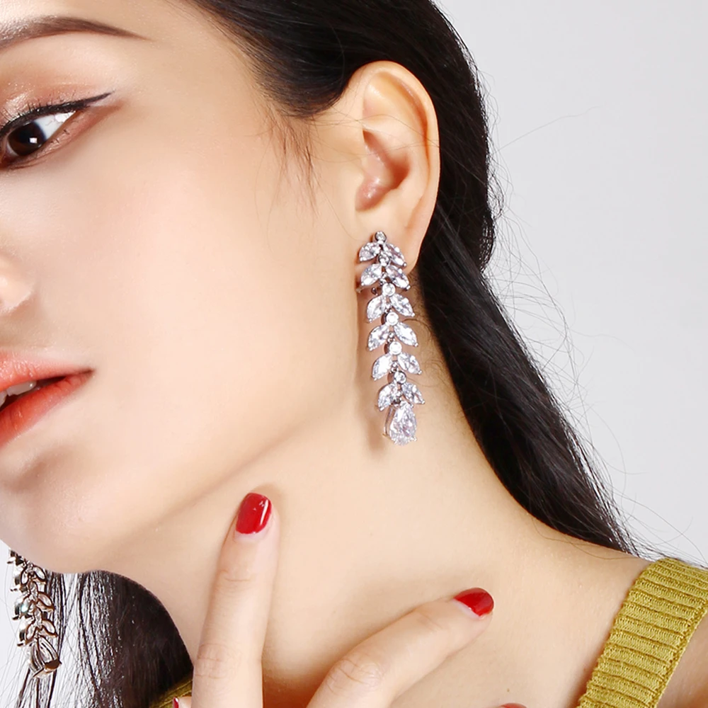 Very Long Soft Dangle Earring White Zirconia stones Ladies Leaf Jewellery Women's Drop Earrings Shiny Jewelry for Dinner Party Very Long Soft Dangle Earring White Zirconia stones Ladies Leaf Jewellery Women's Drop Earrings Shiny Jewelry for Dinner Party