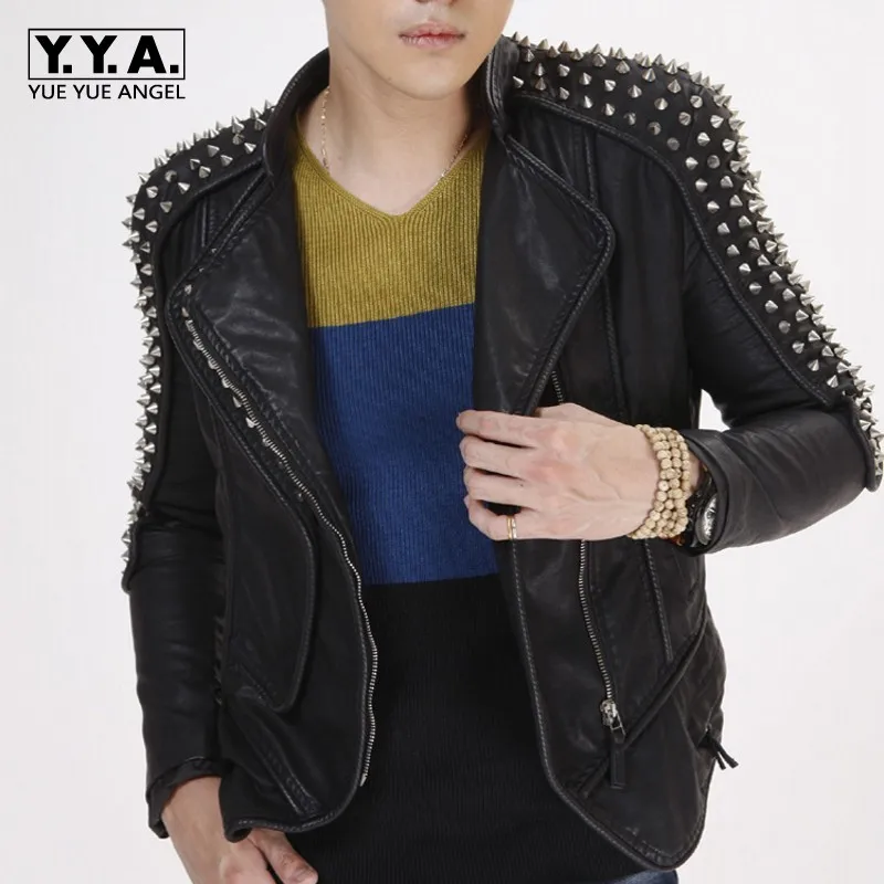 

High Quality Pu Leather Mens Rivet Motorcycle Biker Jacket Slim Fit Runway Unisex Short Jackets Punk Leather Coat Plus Size 6XL