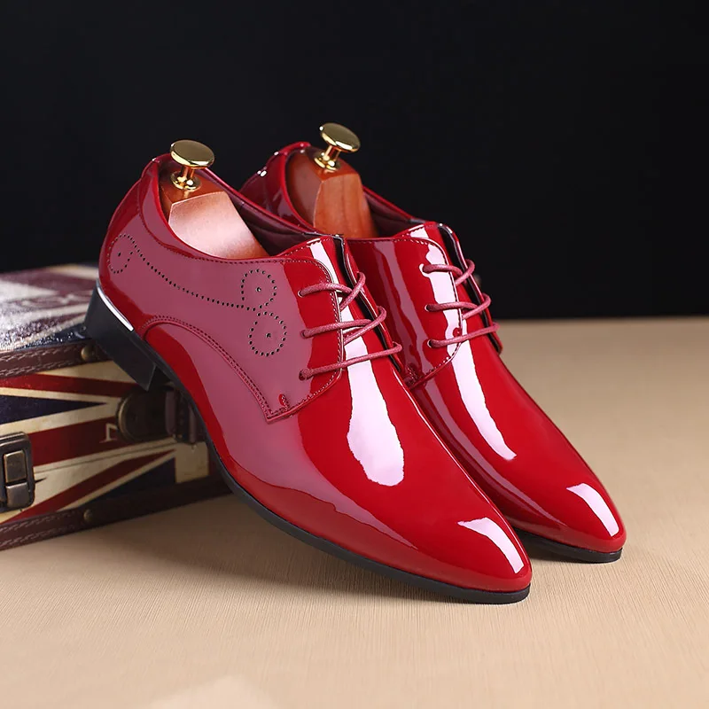 

Pointed Toe Black Red PU Leather Oxfords Dress Wedding Shoes New 2019 Spring Men's Flats For Suits Party Formal Business Shoes