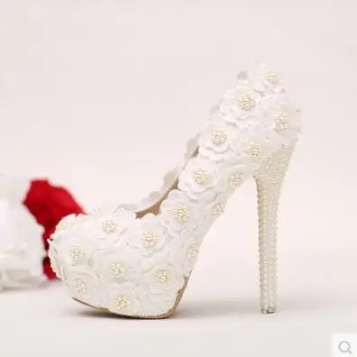 

High white with white lace flower shoes TG636 beige pearl waterproof platform with fine pointed banquet shoes