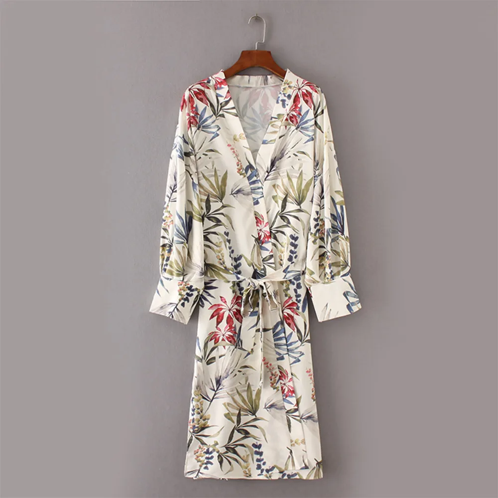 Women Ethnic Flower Print With Sashes Kimono Shirt Retro New Bandage Cardigan Blouse Tops Blusas Chemise Femme Blusa