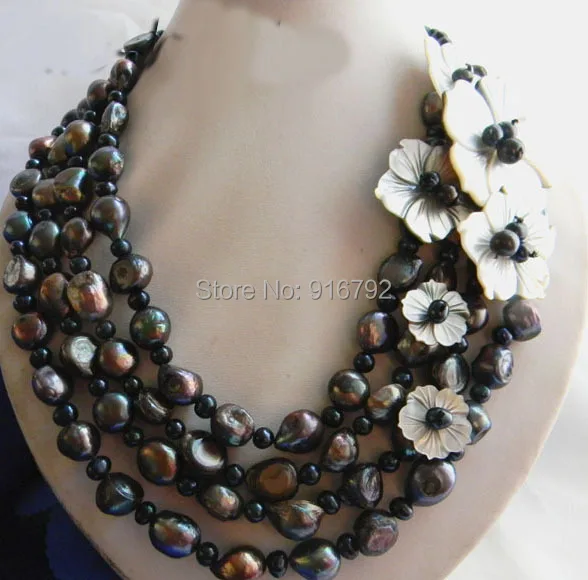 

YH@CS >>4Srands 18'' 12mm Black Baroque Round Freshwater Pearl Shell Flower Necklace