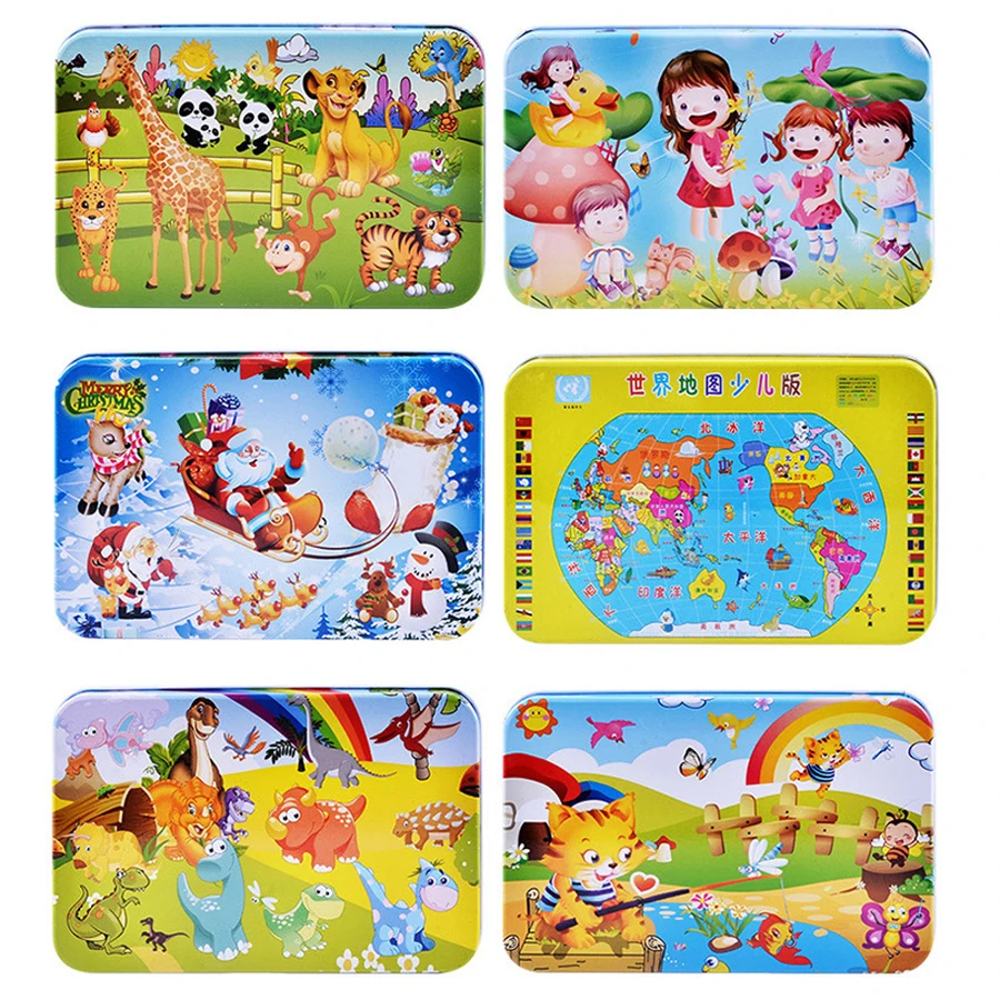 60 Pieces Puzzle Wooden Toys Cartoon Animal Wood Puzzles with Iron Box Kids Baby Early Educational Learning Toys for Children