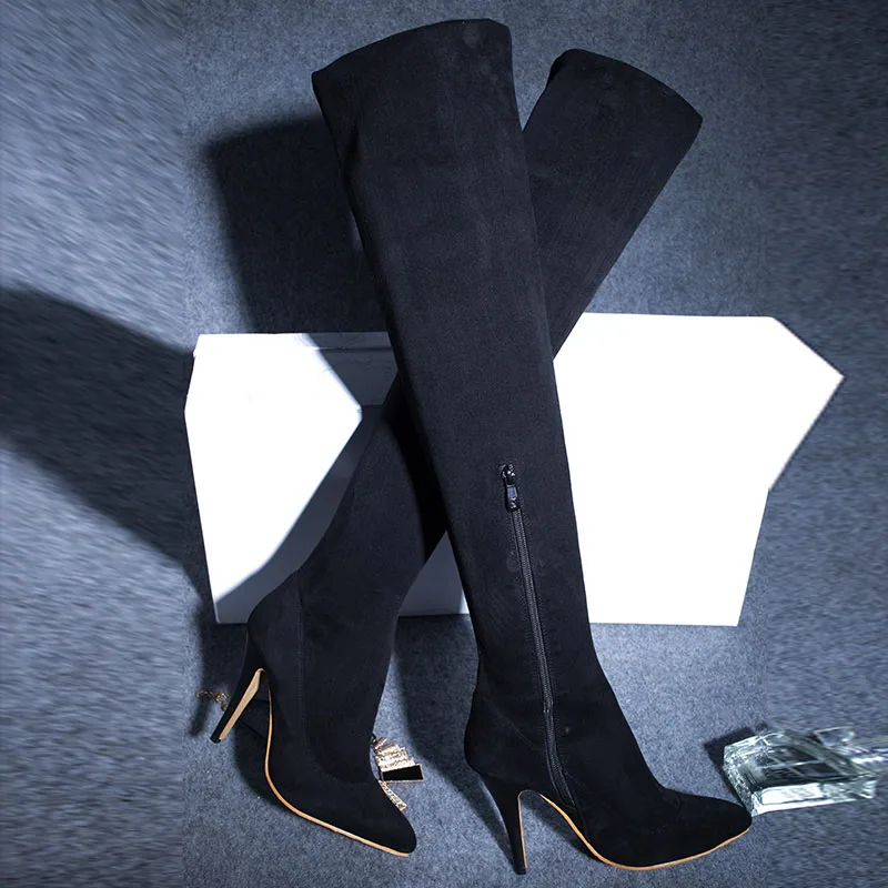 RIZABINA/женские замшевые ботфорты на тонком каблуке размера плюс 32-45 пикантные высокие сапоги на молнии офисная обувь женская обувь