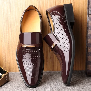 

Misalwa 2019 Summer Mens Dress Shoes Formal Black Brown Men PU Leather Shoes Slip on Hollow Out Sandals Men Oxfords