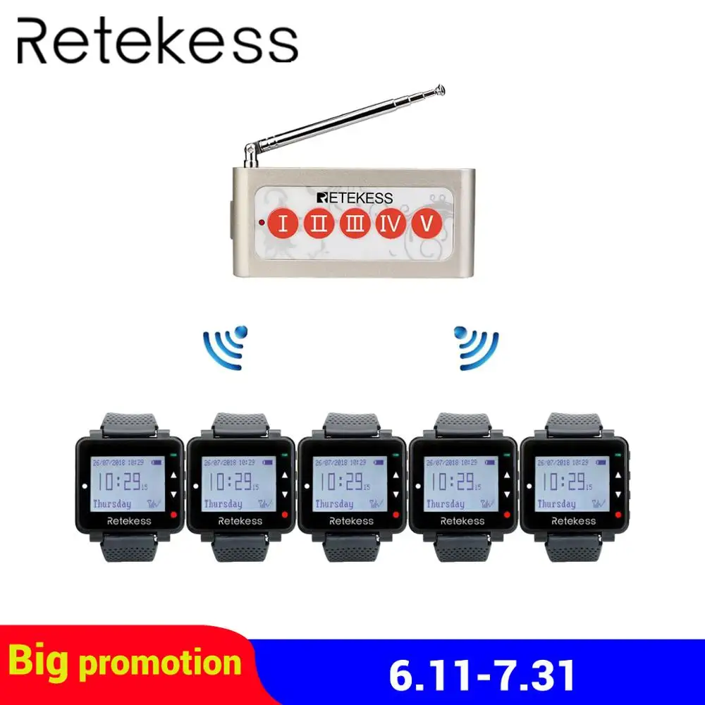 

Retekess restaurant wireless calling system kitchen call waiter 5 Wtach Receiver + 1 Five-Key Call Button restaurant equipment