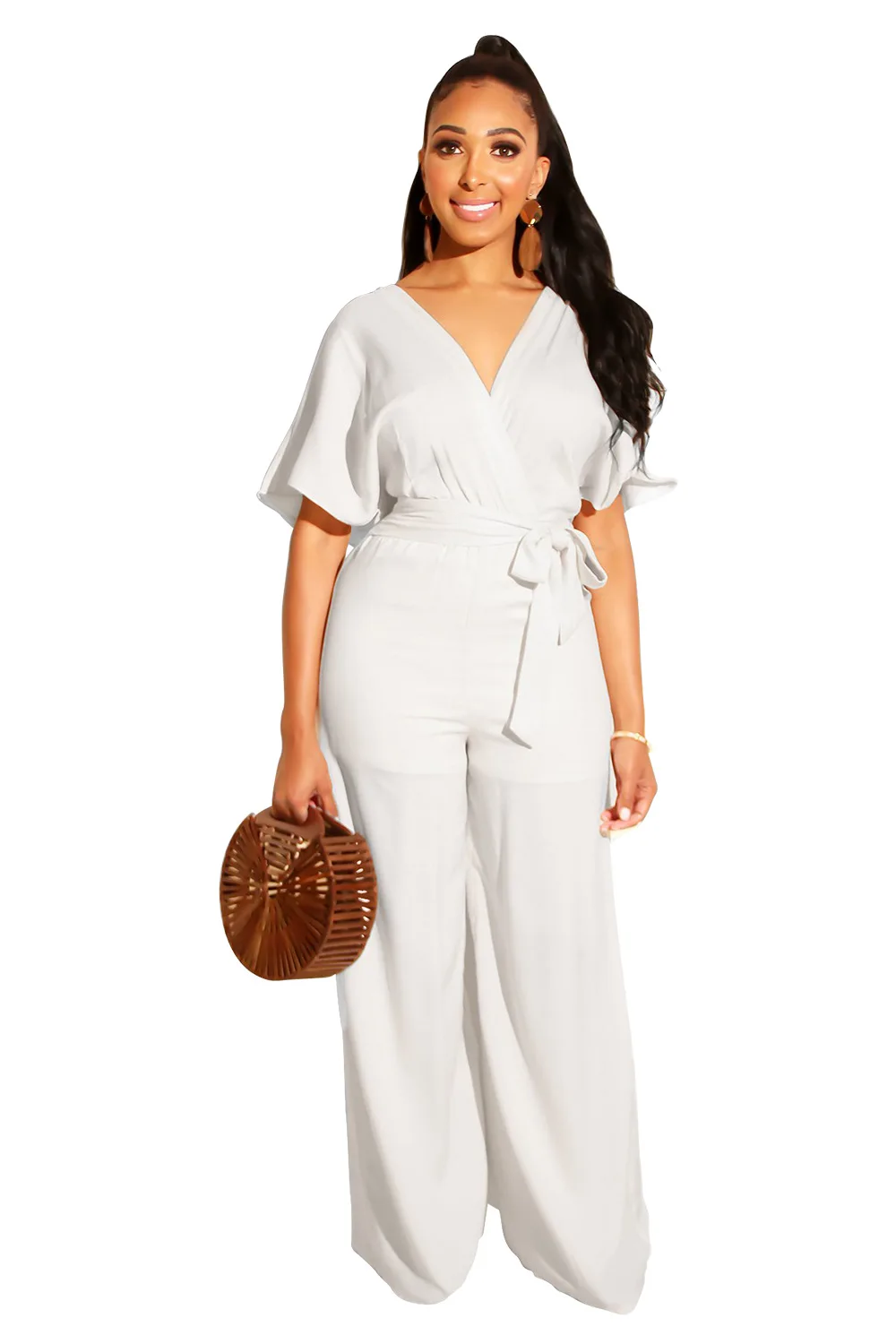 

Elegant Wrap V Neck Solid Female Jumpsuit Casual Short Sleeve Wide Leg Long Pants Overalls For Women Lace Up Bandage Rompers
