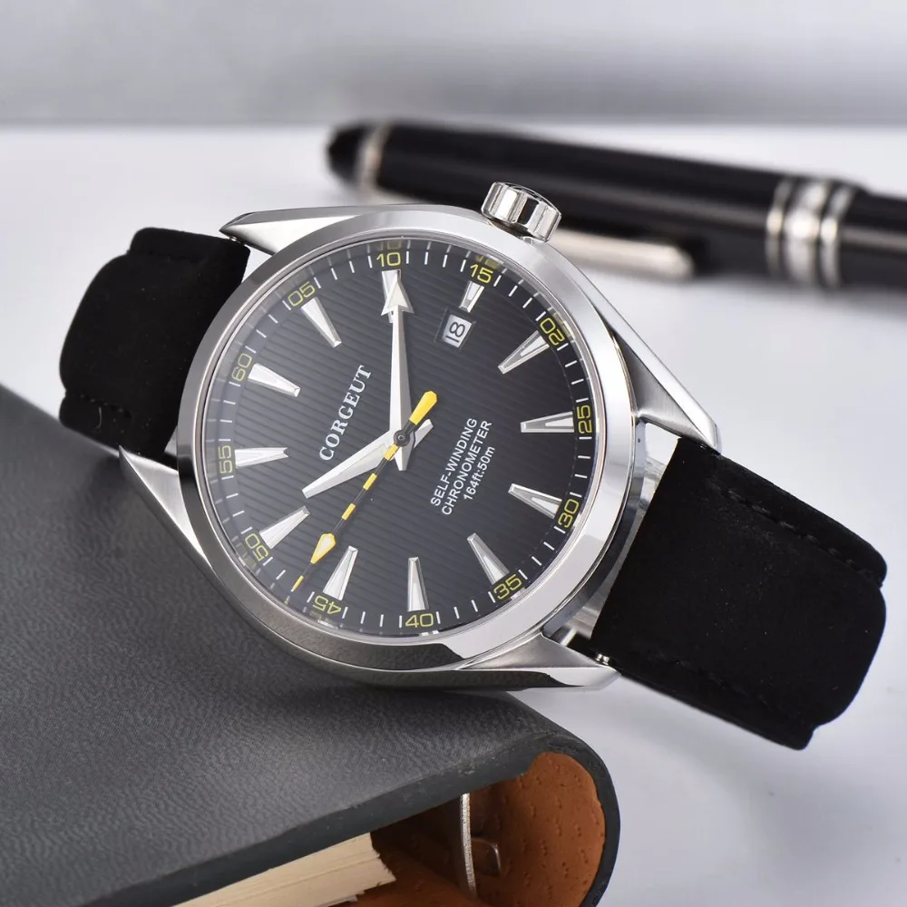 Роскошный бренд Corgeut 41 мм Мужские часы кожаный Календарь автоматические мужские часы с черным циферблатом сапфировое стекло Мужские часы