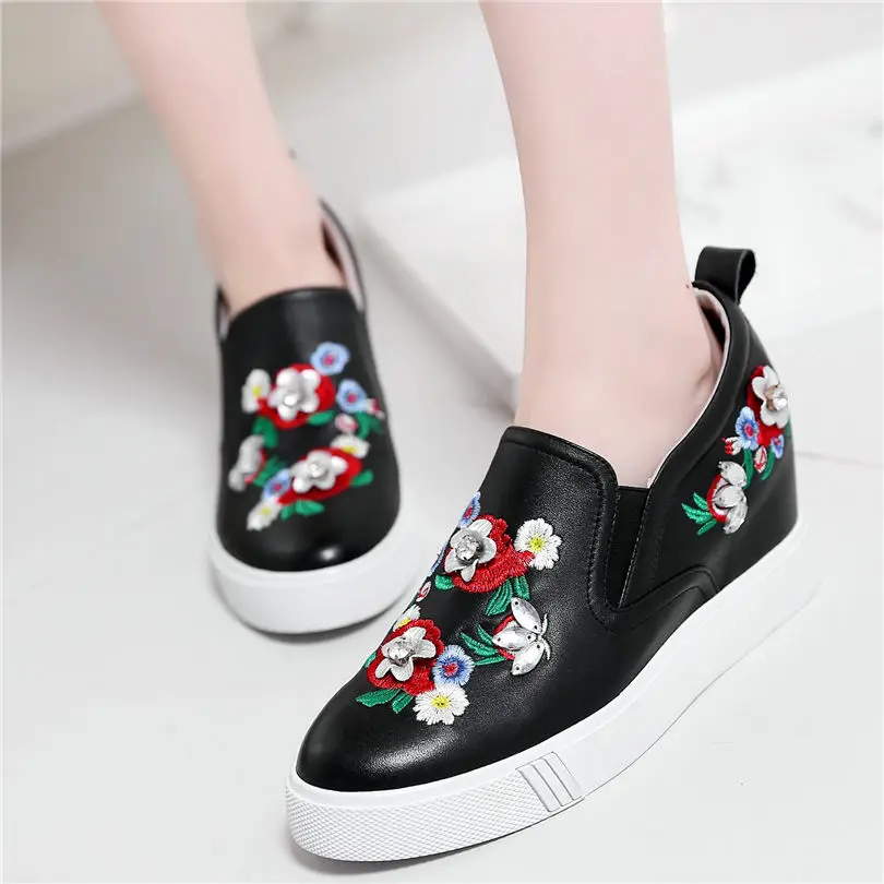 

NAYIDUYUN 2019 Tennis Shoes Women Genuine Leather High Heel Pumps Slip On Round Toe Wedges Platform Ankle Boots Casual Shoes