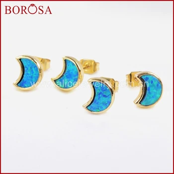 

BOROSA Sytlish Elegant Druzy Gold Color Bezel Crescent Moon Blue Japanese Opal Stud Earrings for Women Gems Jewelry ZG0231