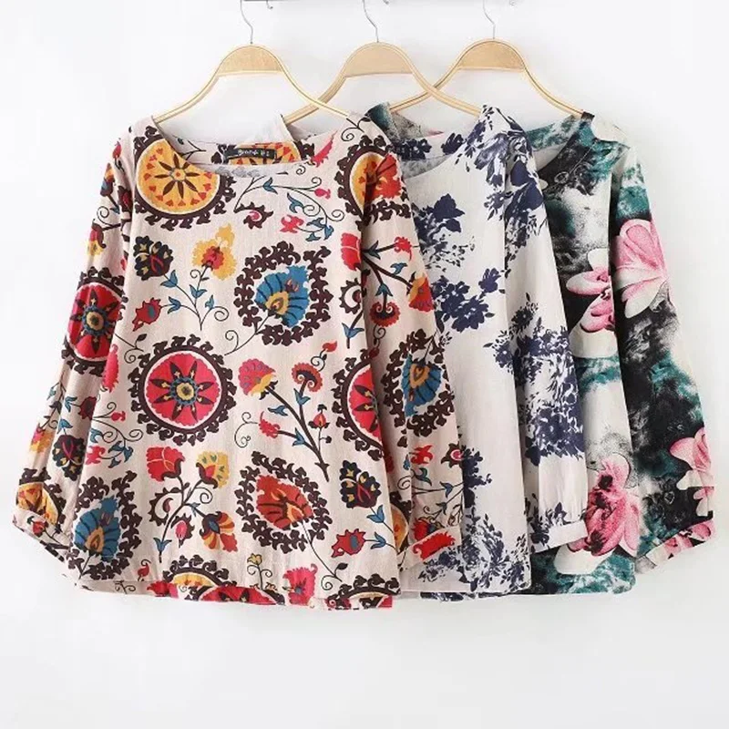

Plus size 4XL flower print cotton & linen women loose T-shirts 2017 casual ladies O neck long sleeve autumn t shirt female