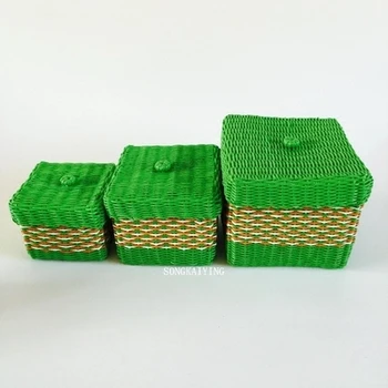 

Three pieces of hand woven plastic basket, storage basket, remote control device woven basket, the box has a cover cap