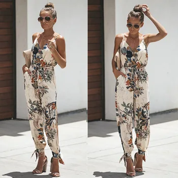 2020 Cotton Summer Sexy V-neck High-waist Casual Streetwear Jumpsuit Women Clothing Wide Leg Pant Sexy Open Back Sling Jumpsuits mock neck tie open back flare leg jumpsuit